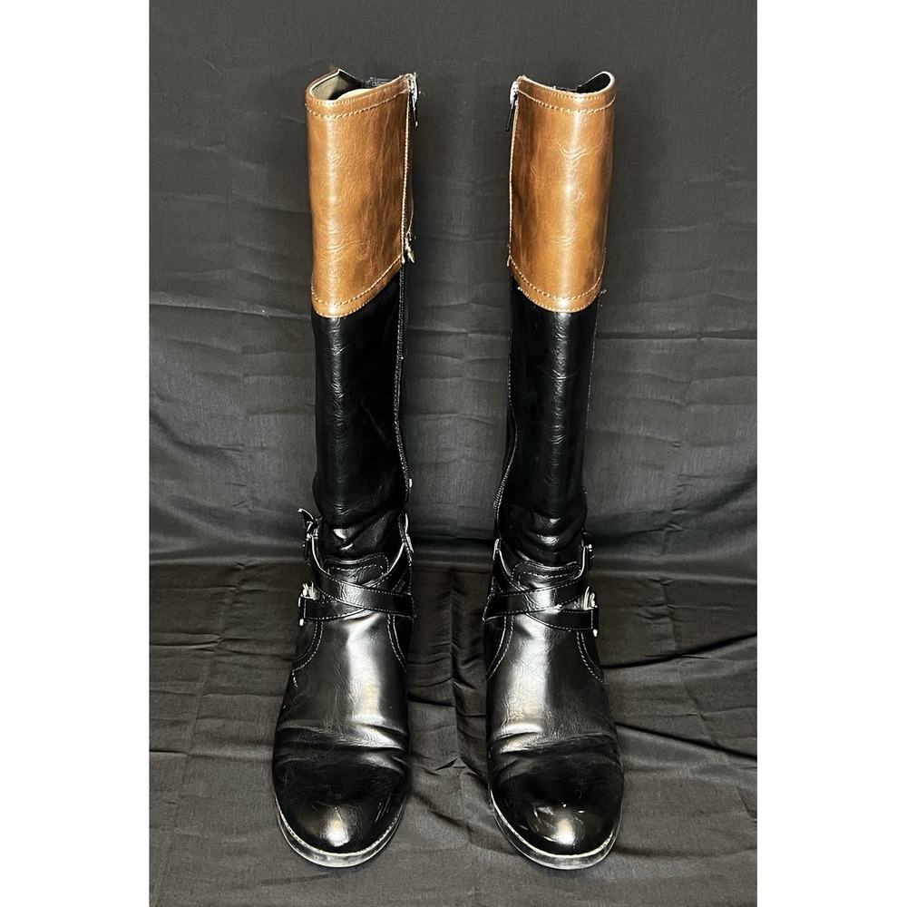 Unisa Untrinee Knee High Boots Size 9.5M Black Brown‎ Faux Leather Riding Boots